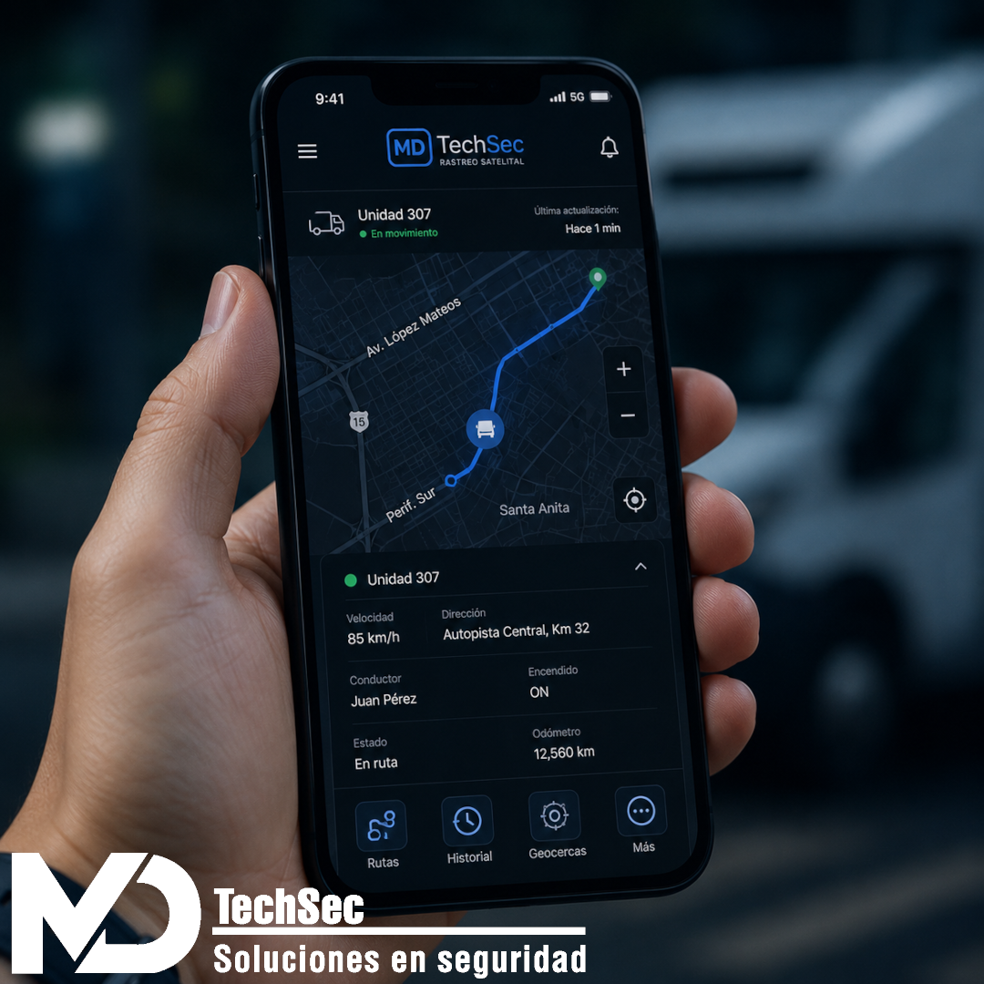 Aplicación móvil de rastreo satelital GPS de MD TechSec mostrando la ubicación en tiempo real de una unidad